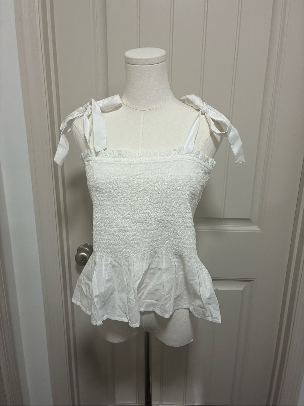 J. Crew White Smocked Tie-Shoulder Peplum Cami